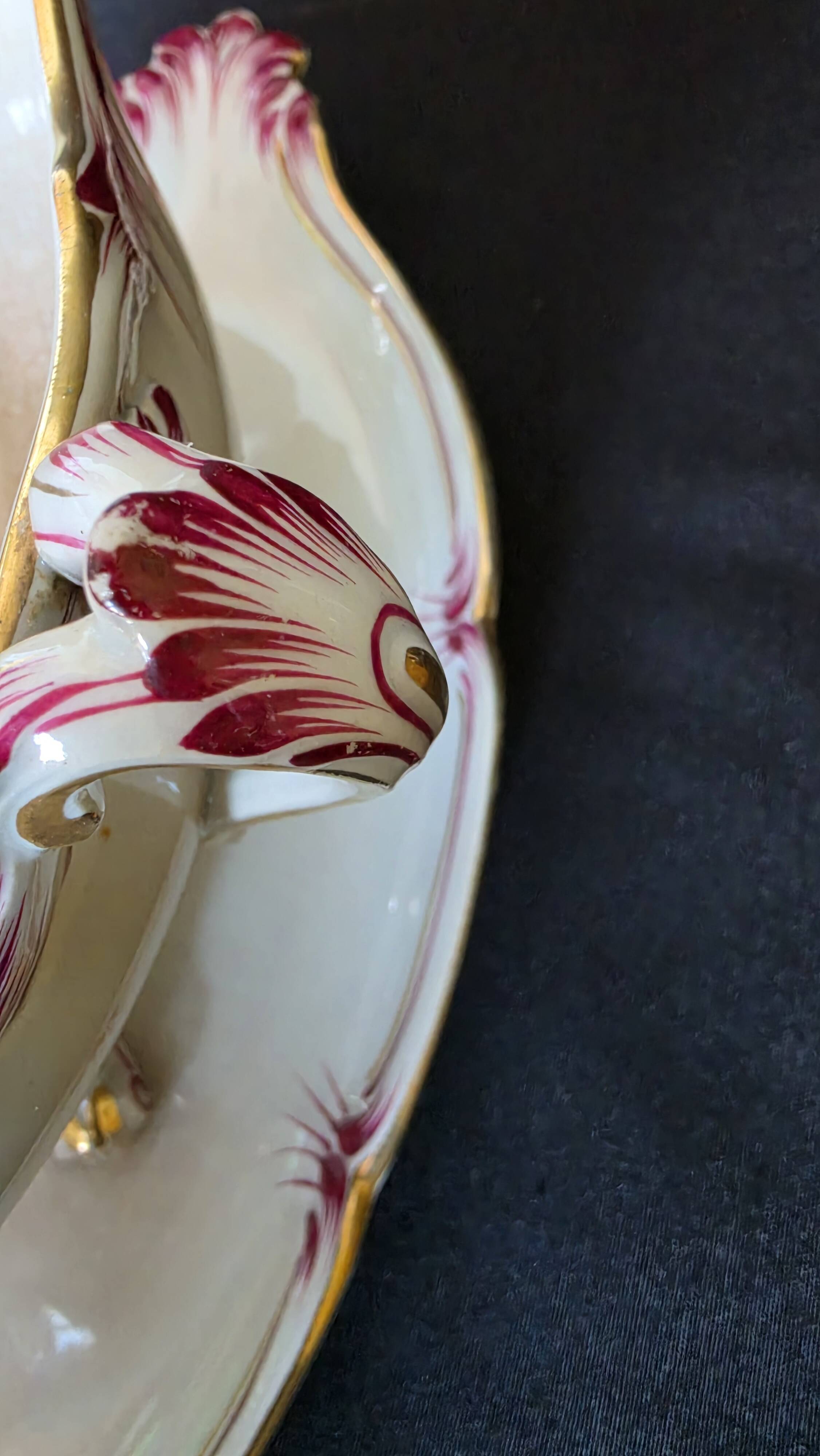 Antique sauce boat in fine earthenware from Sarreguemines, France, neo style.