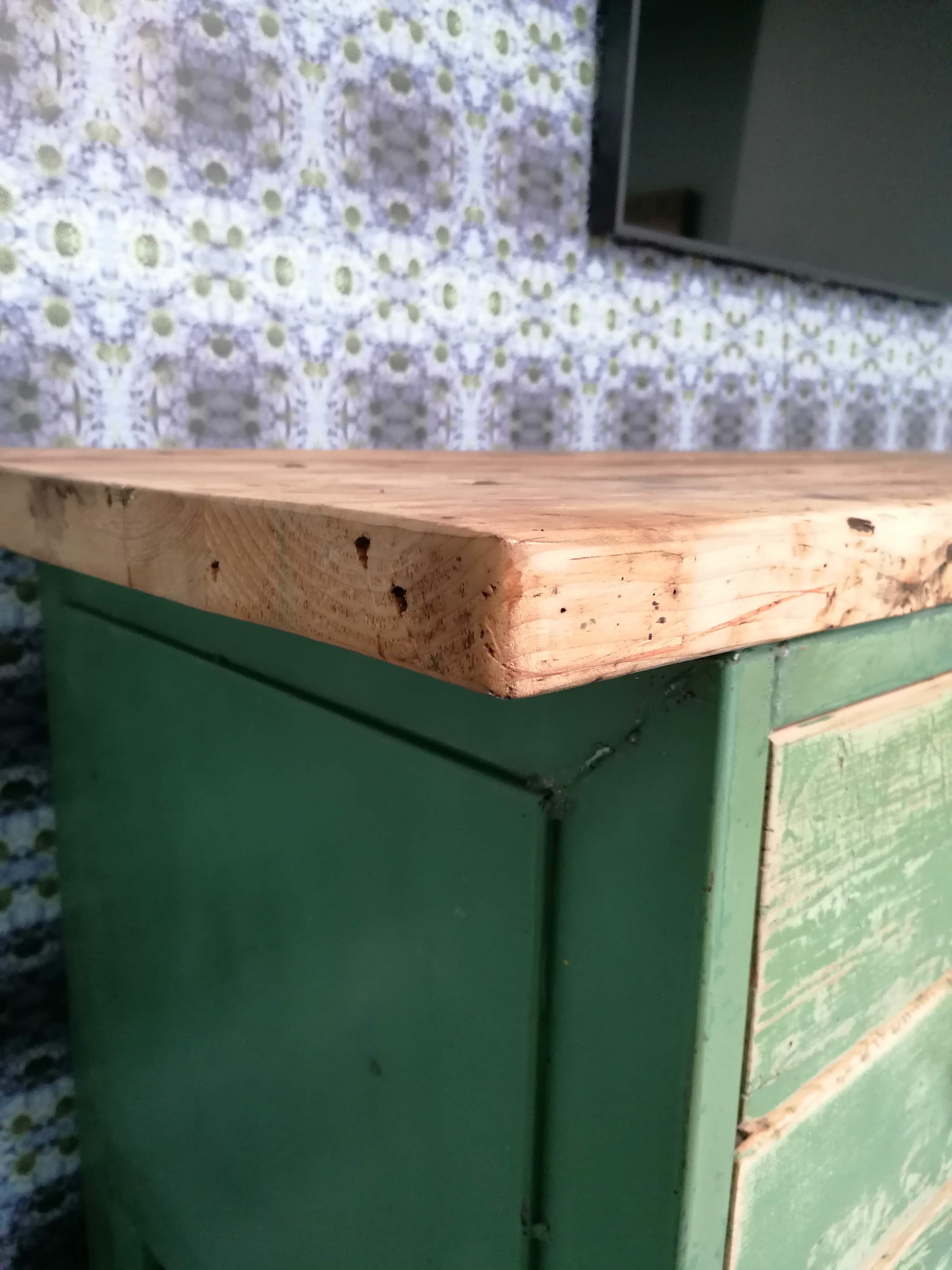 Old wooden garage workbench, industrial vintage.