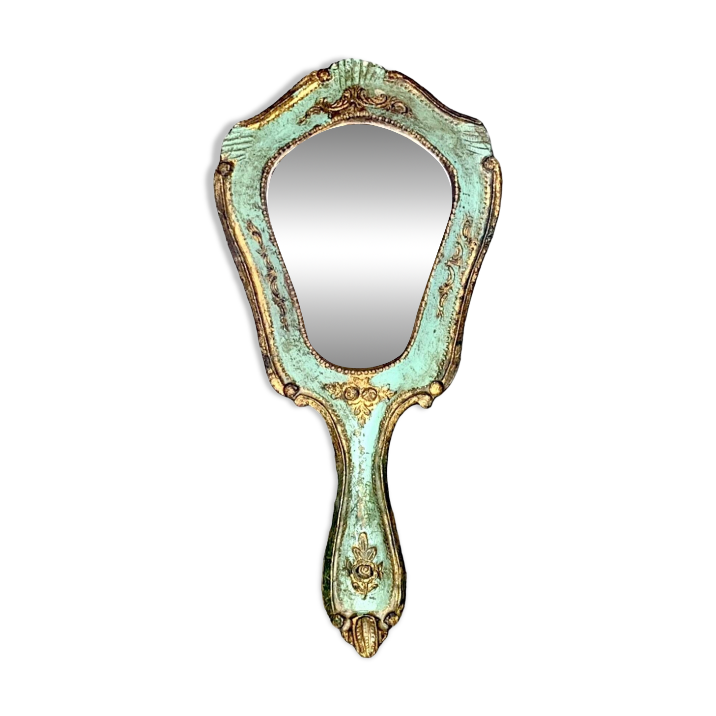 Old Florentine style carved wooden hand mirror