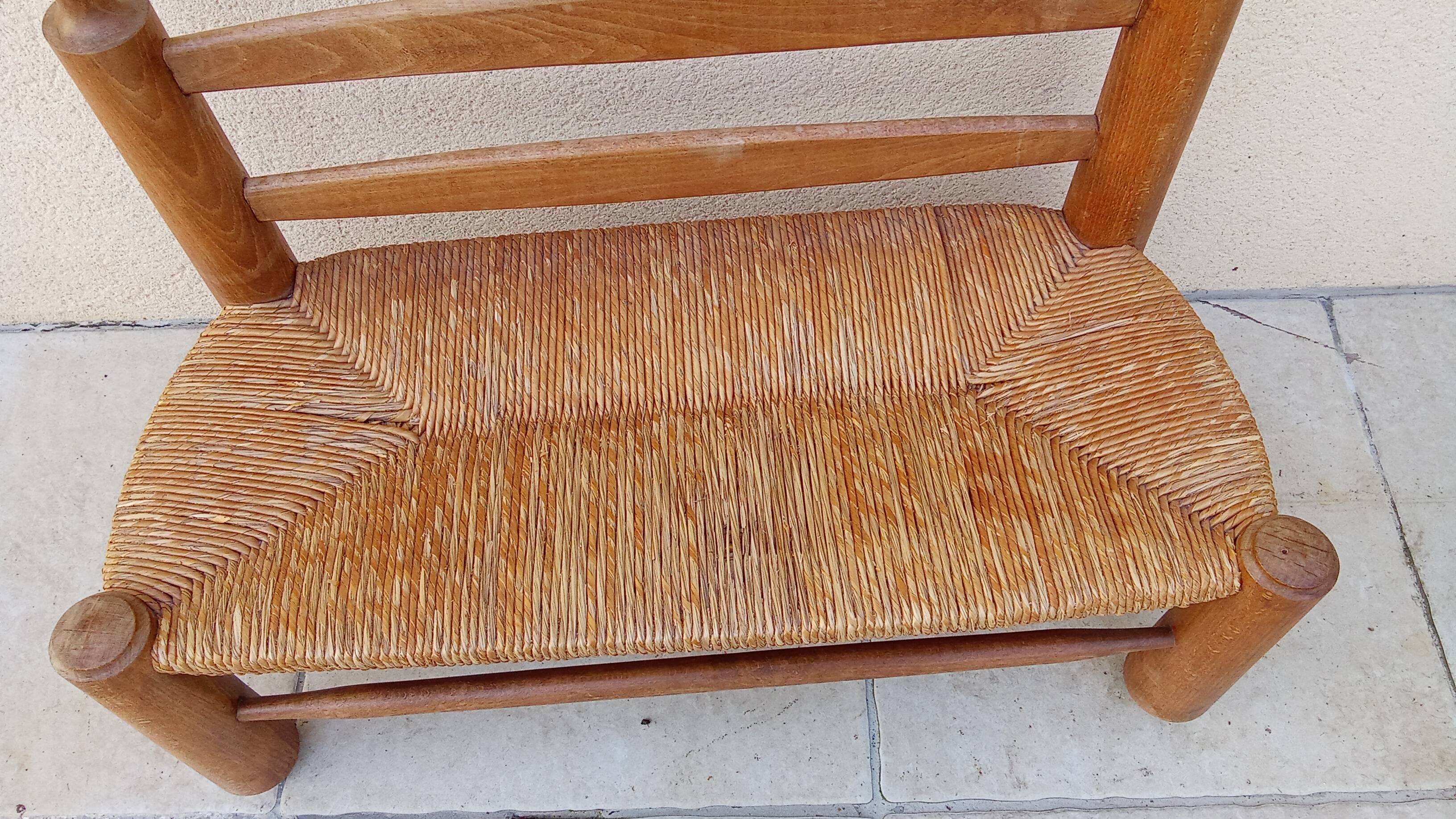 Banc vintage bois et paille esprit perriand année 50