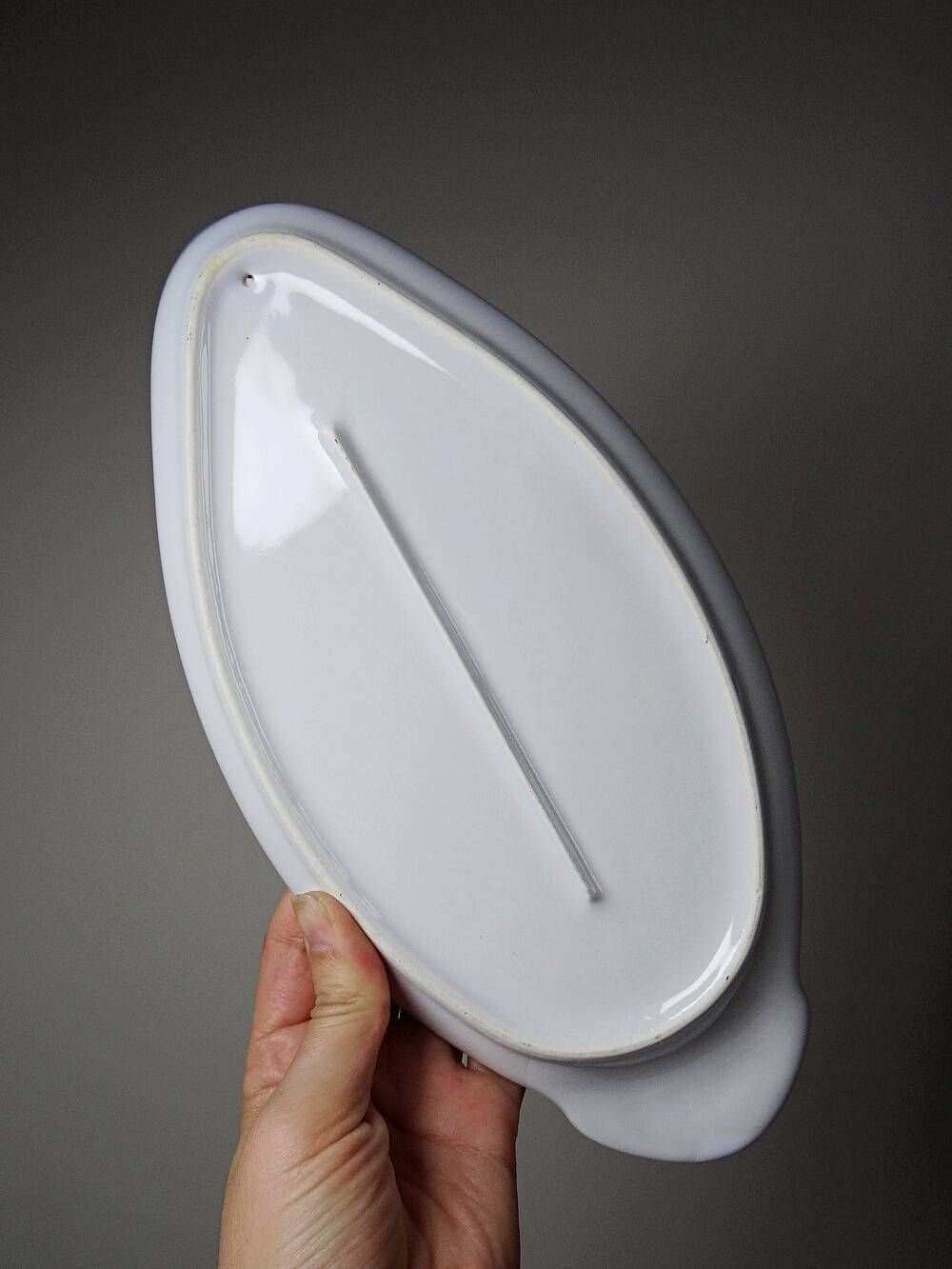 Vintage white faience foie gras platter in the shape of a goose, 1970s.