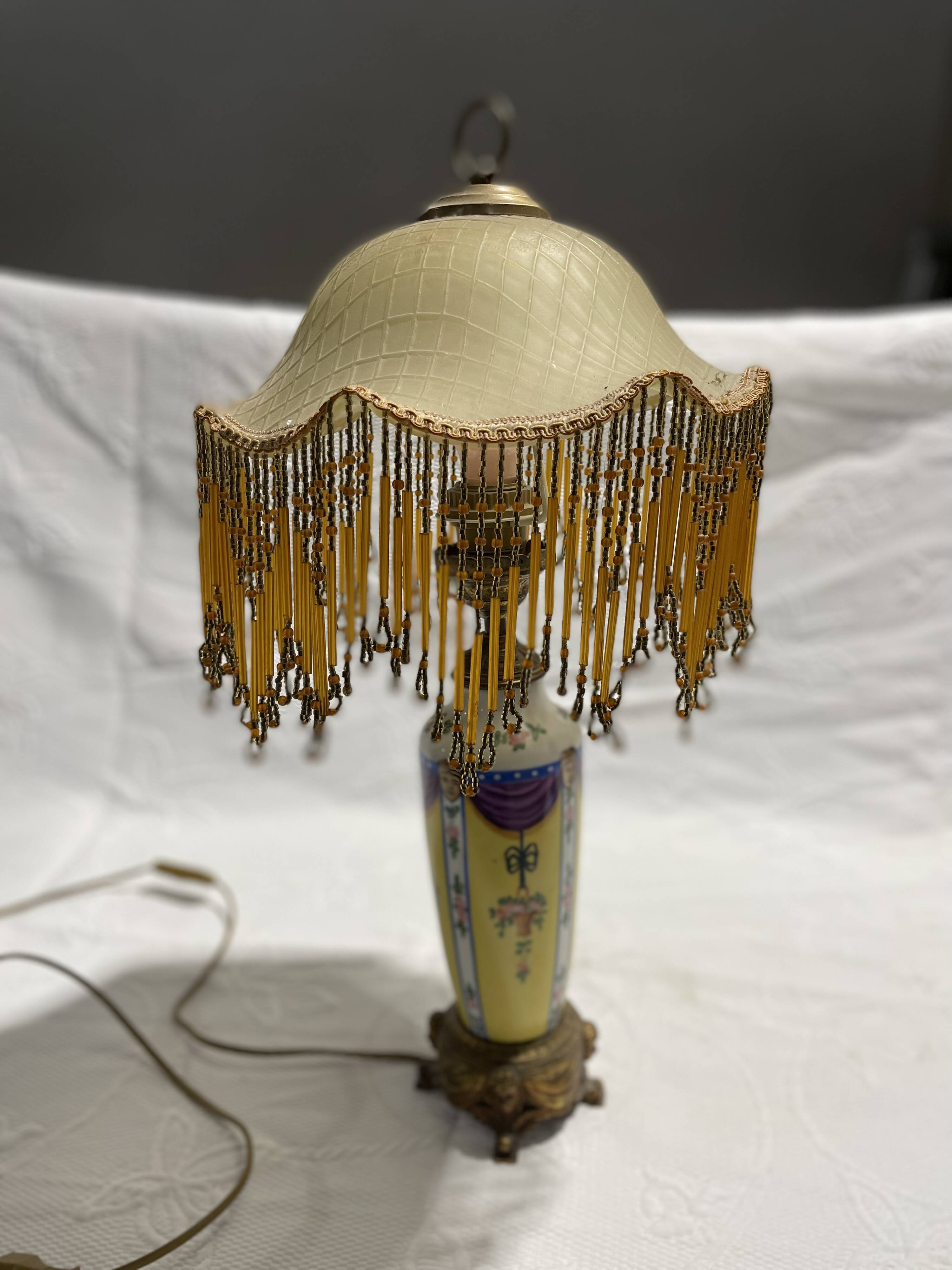 Old lamp with beaded fringed glass shade 40 years