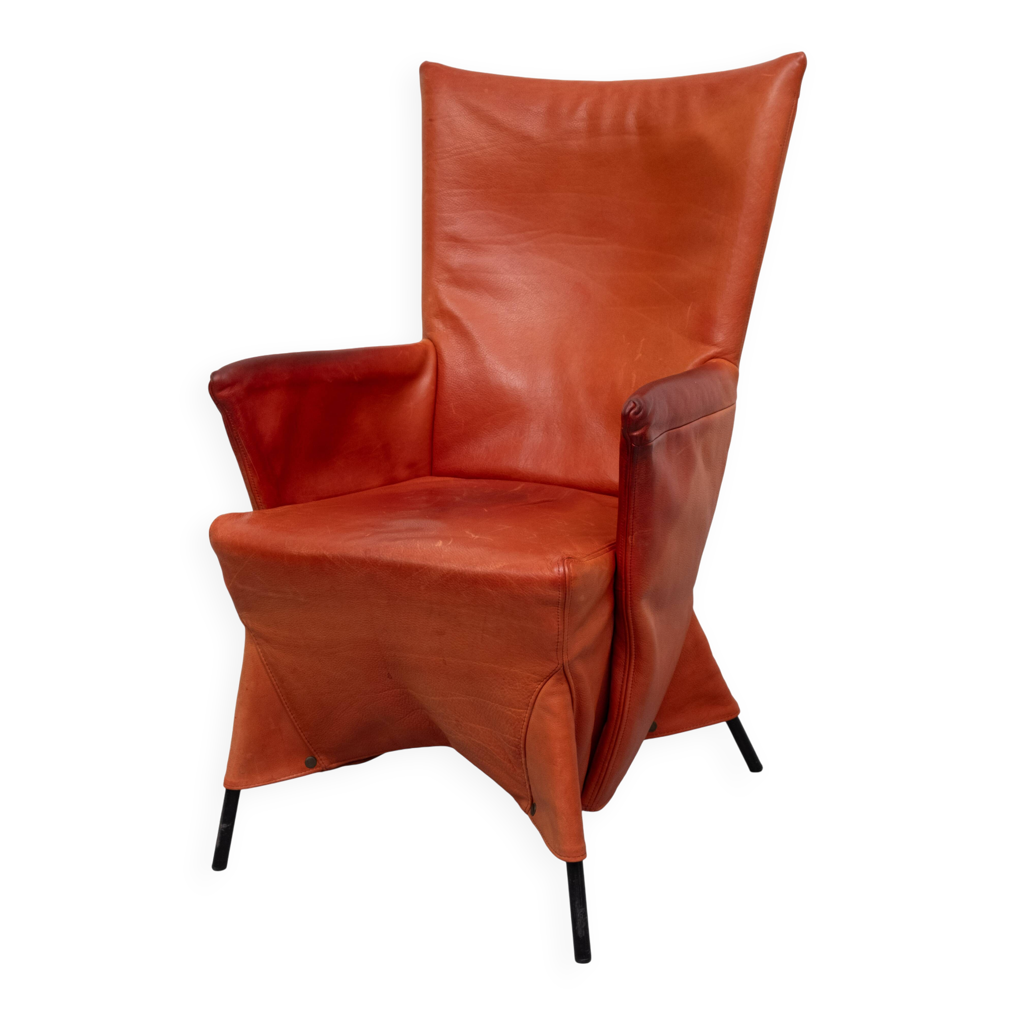 Gerard van der Berg Orange Leather Skirt Arm Chair 1980s