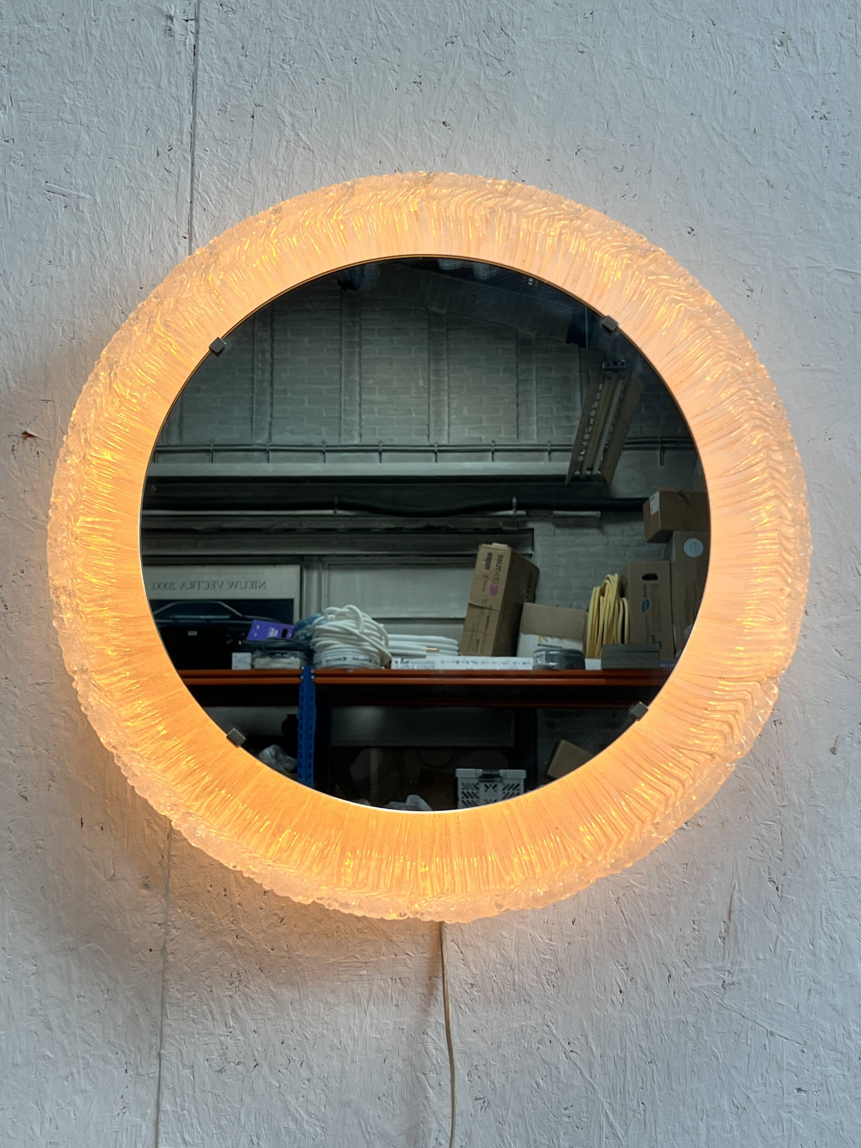Vintage Round Hillebrand Iceglass Mirror with Lighting