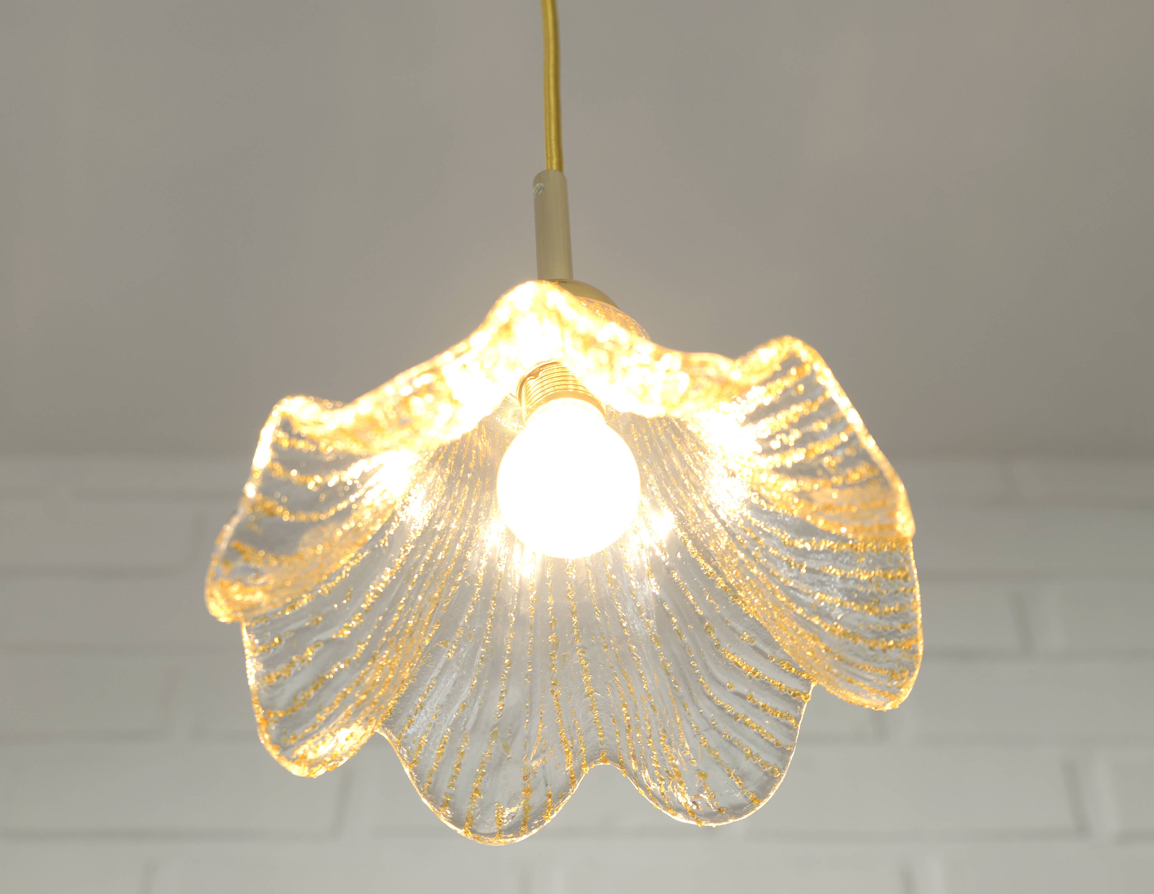 Vintage gold pendant light / Murano glass hanging lamp / Italy 1980s