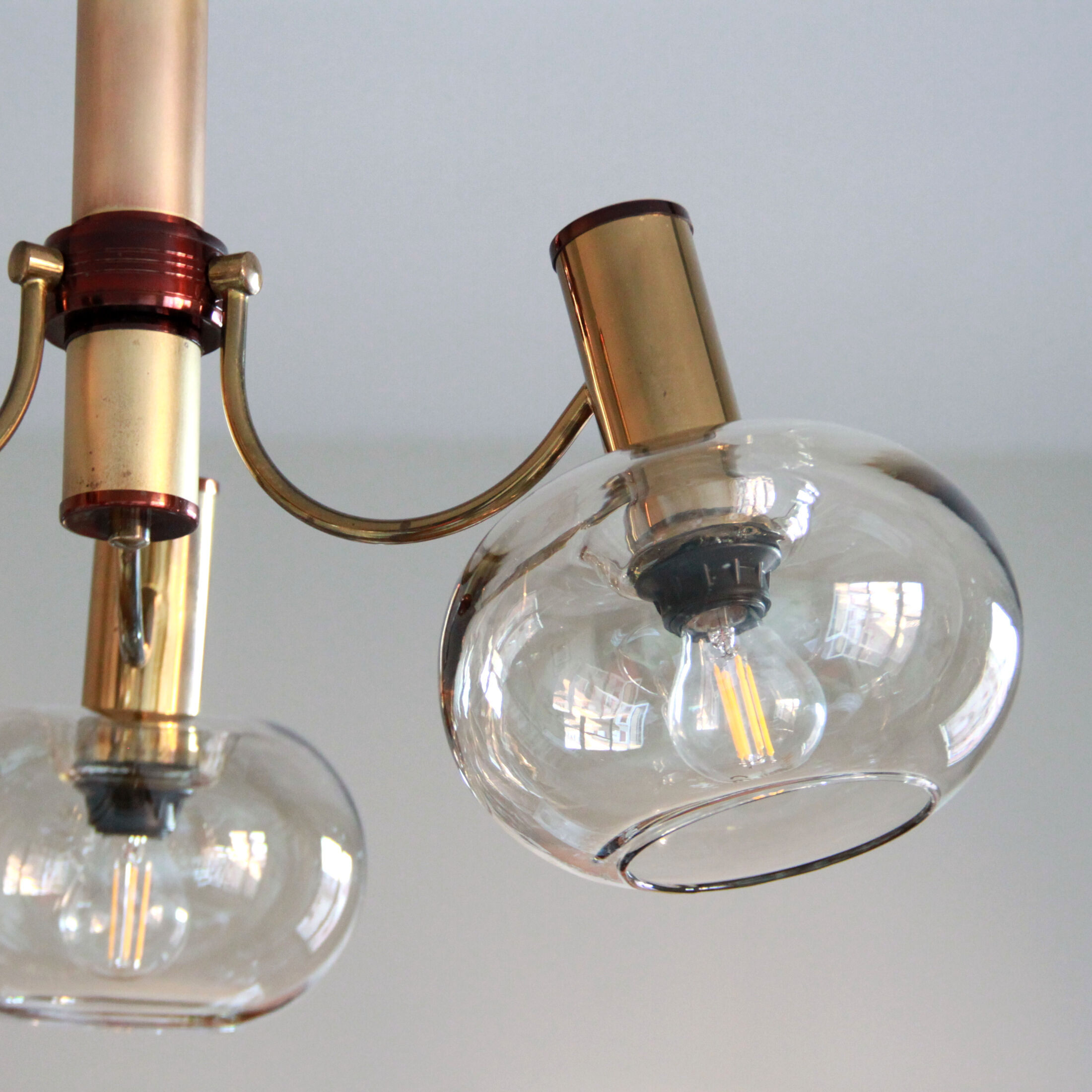 Chandelier 1970 brass gilded globes smoked glass italian