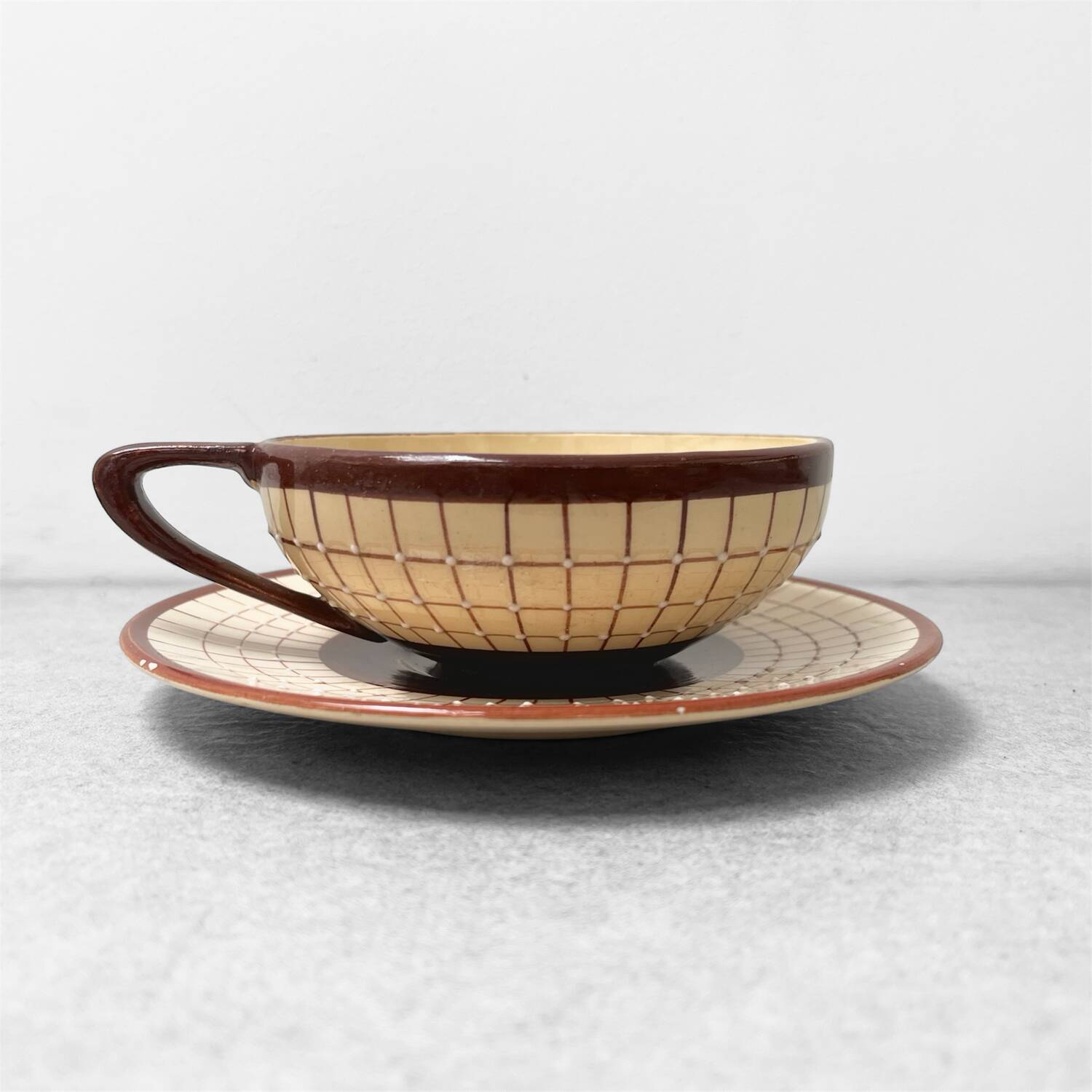 Vintage Longchamp Cup with Saucer – Cream and Brown Checkered Earthenware