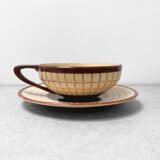 Vintage Longchamp Cup with Saucer – Cream and Brown Checkered Earthenware