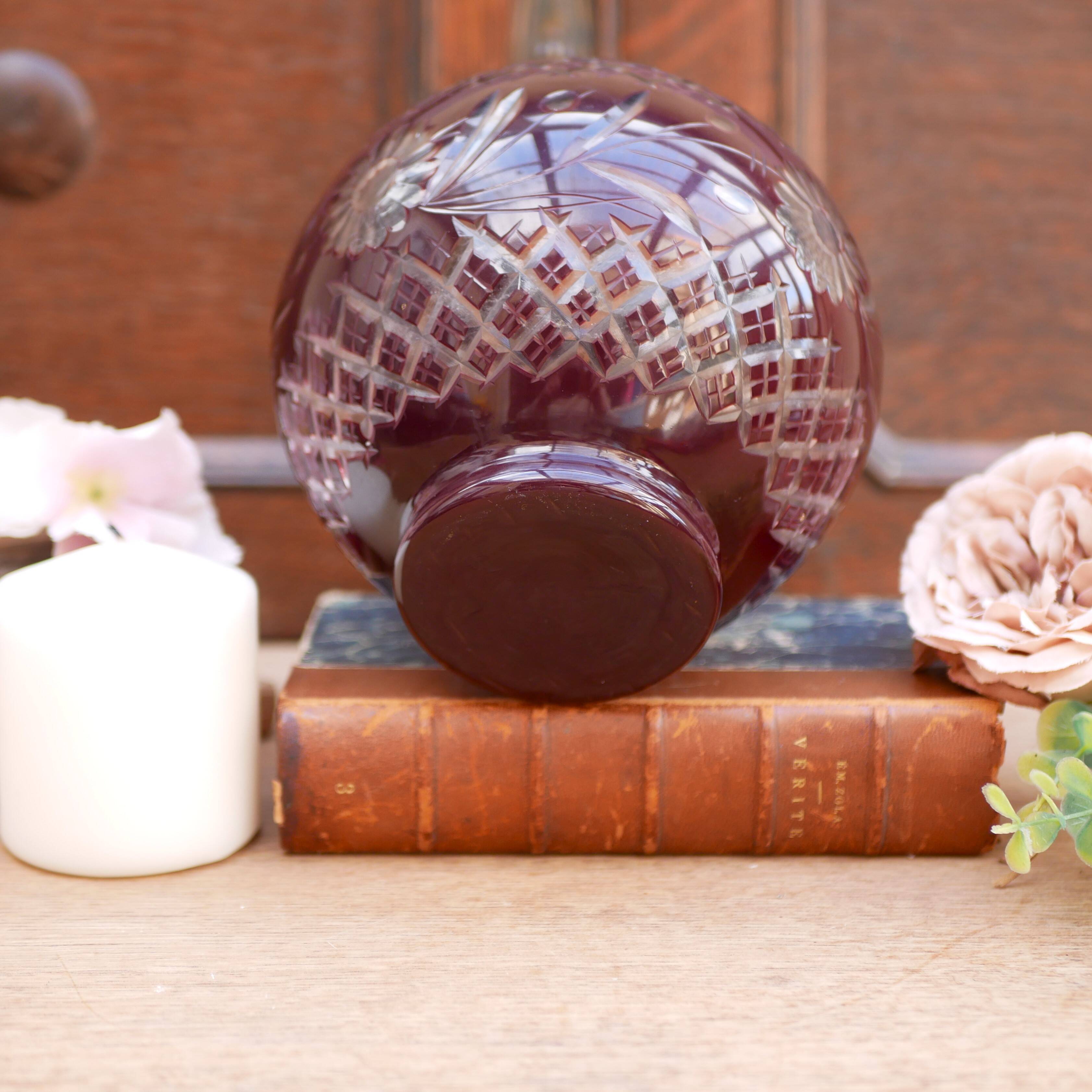Burgundy cut glass vase or candle holder