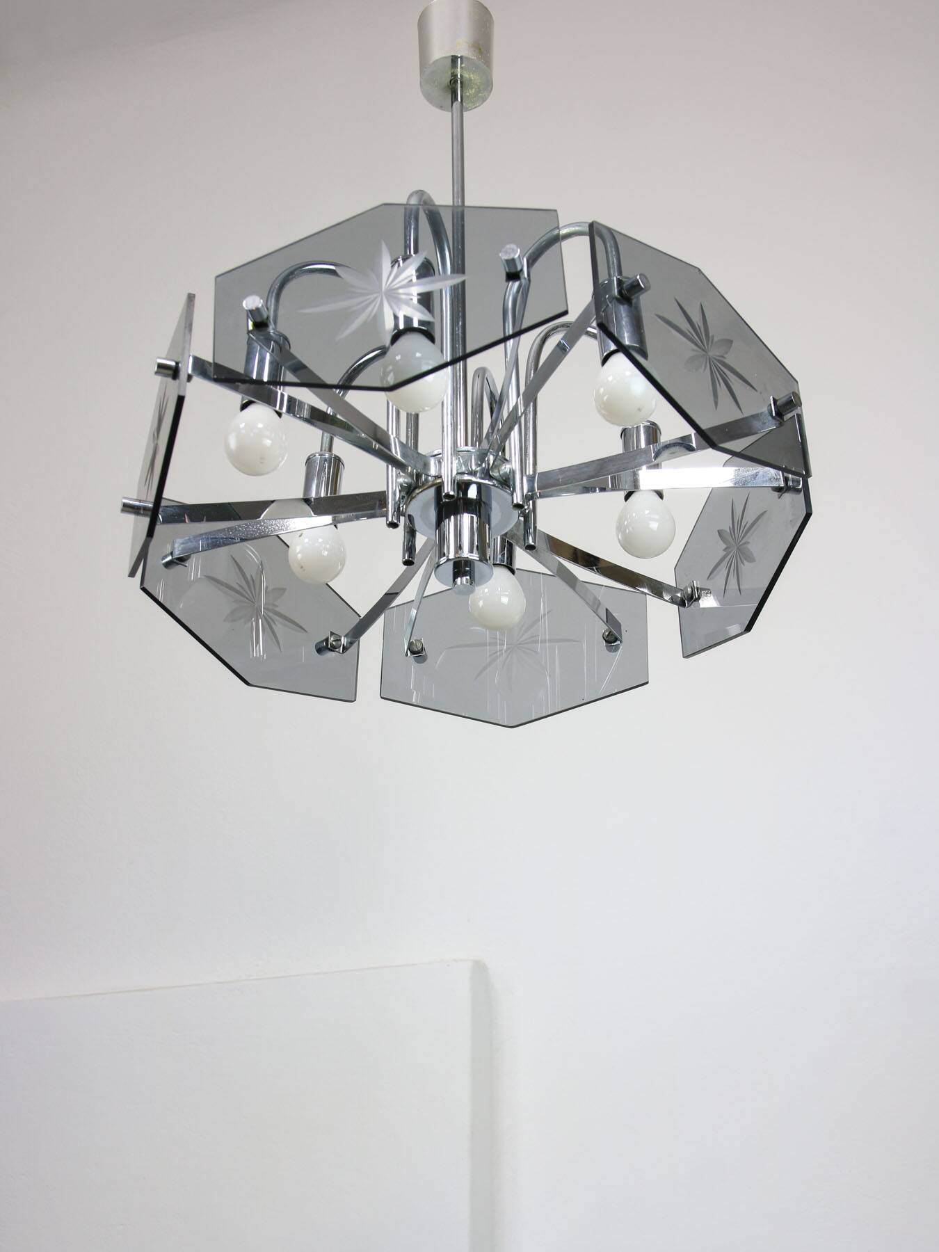 Vintage Italian Chrome and Glass Chandelier, 70s