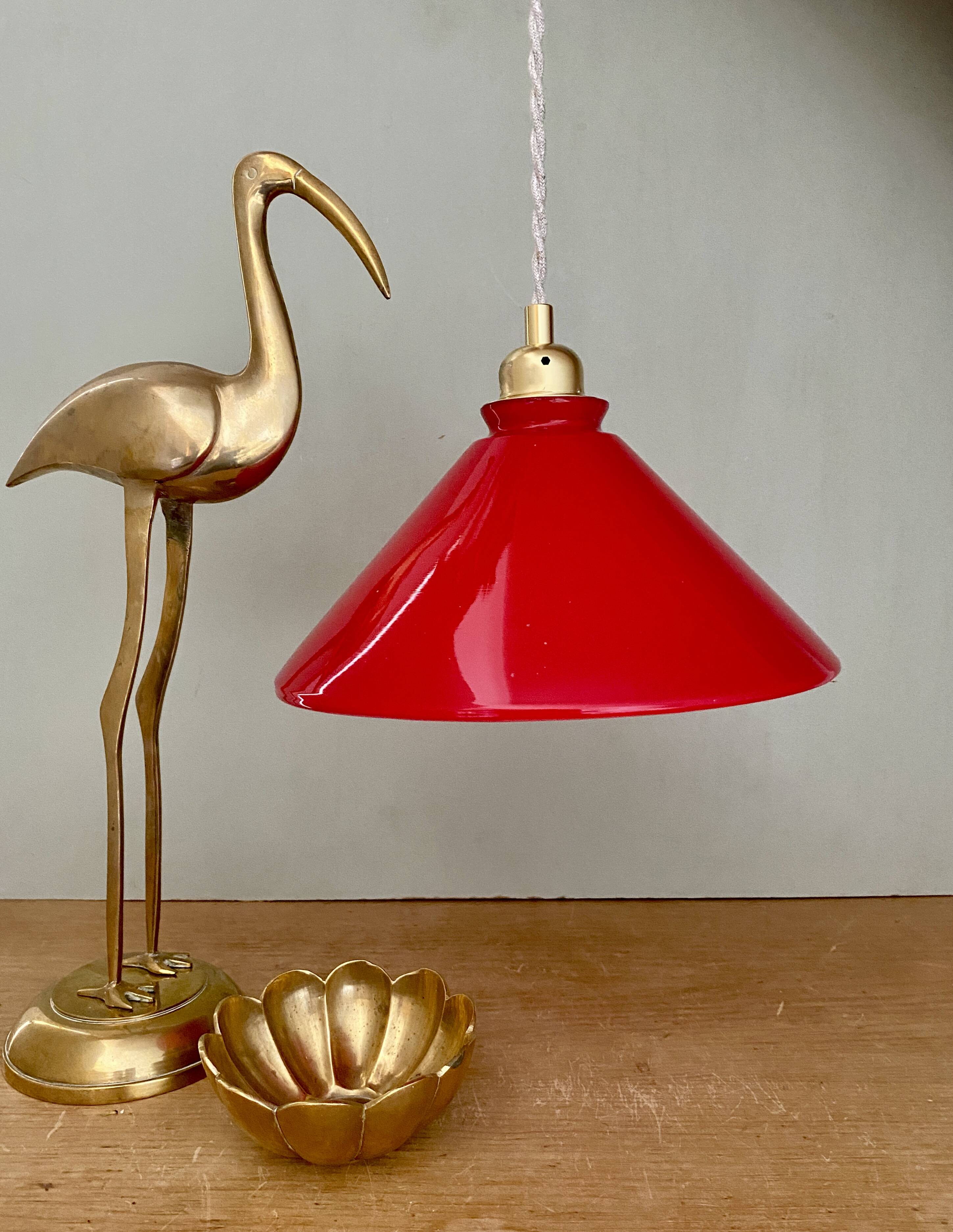 Vintage lampshade pendant light in red and white opaline