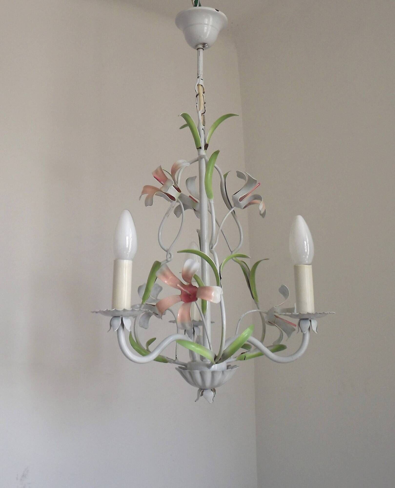 French Vintage 3 Light Pink Lily Flower Cage Style Metal Chandelier 5470