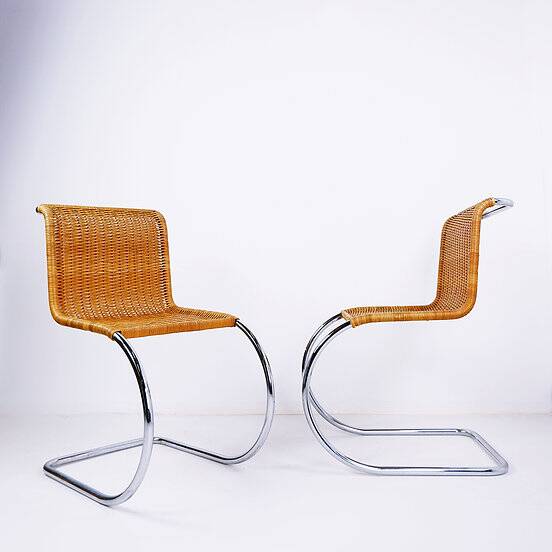 Pair of Cantilever chrome and Wicker Chairs Mies Van der Roye Style