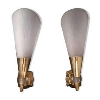 Pair of brass and plexiglass appliques