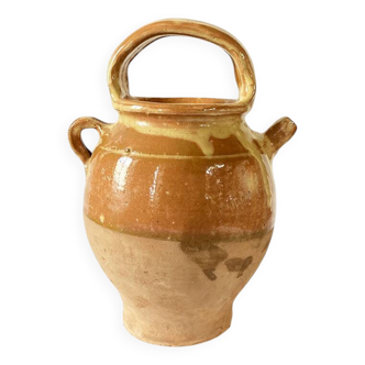 Old ochre and yellow glazed ceramic jug / goat