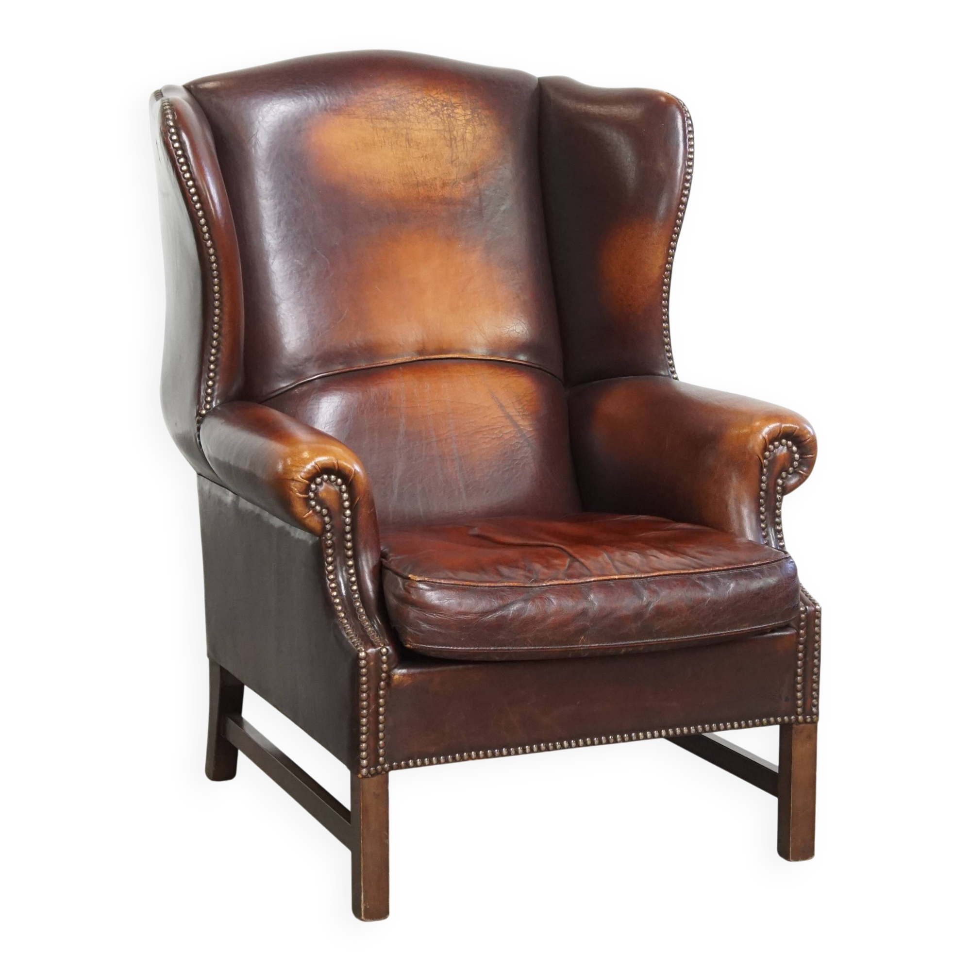 Dark English-Style Sheepskin Wingback Chair