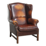 Dark English-Style Sheepskin Wingback Chair