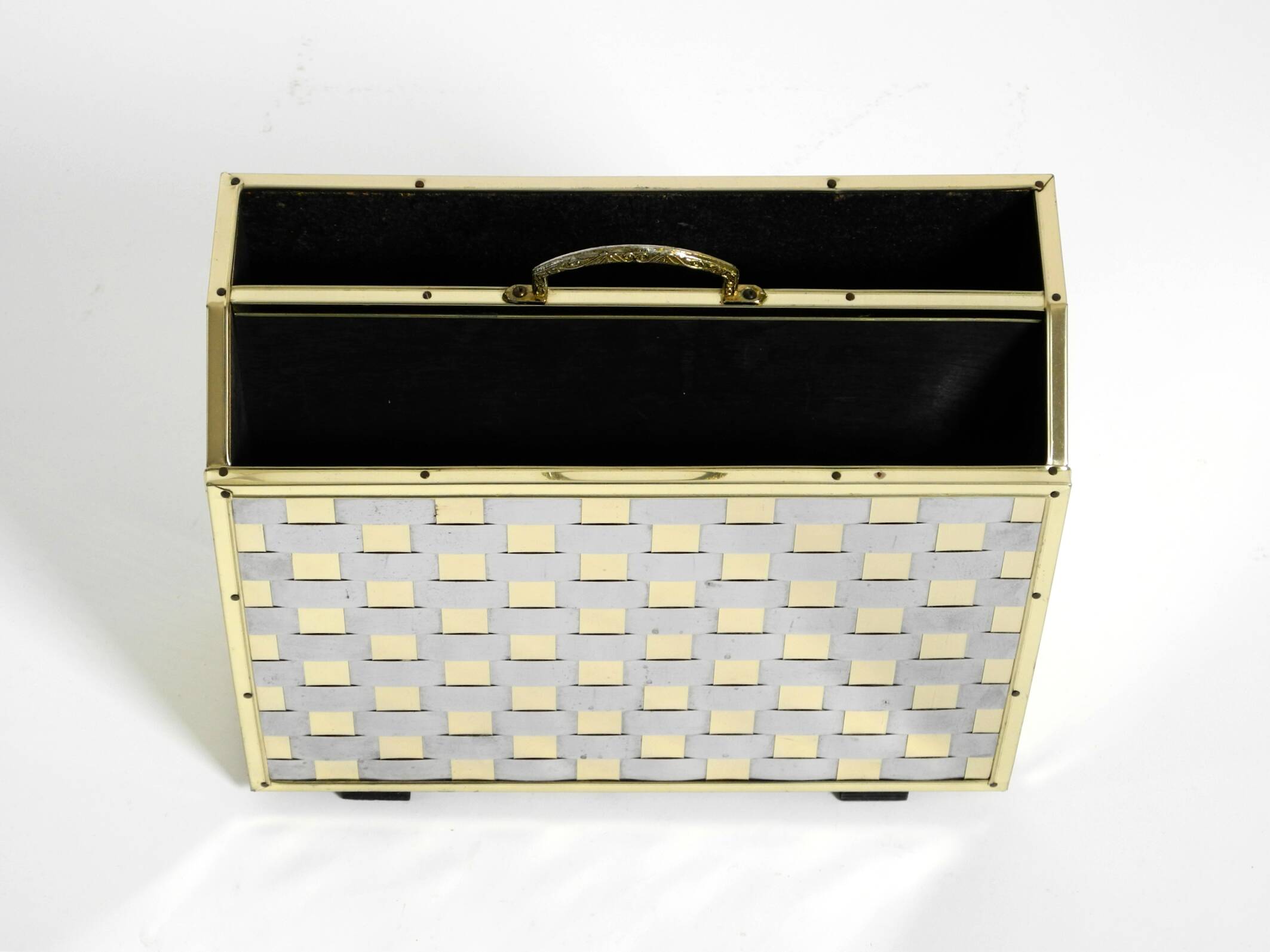 1980s newspaper rack made of brass and wood in Hollywood Regecy design