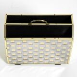 1980s newspaper rack made of brass and wood in Hollywood Regecy design