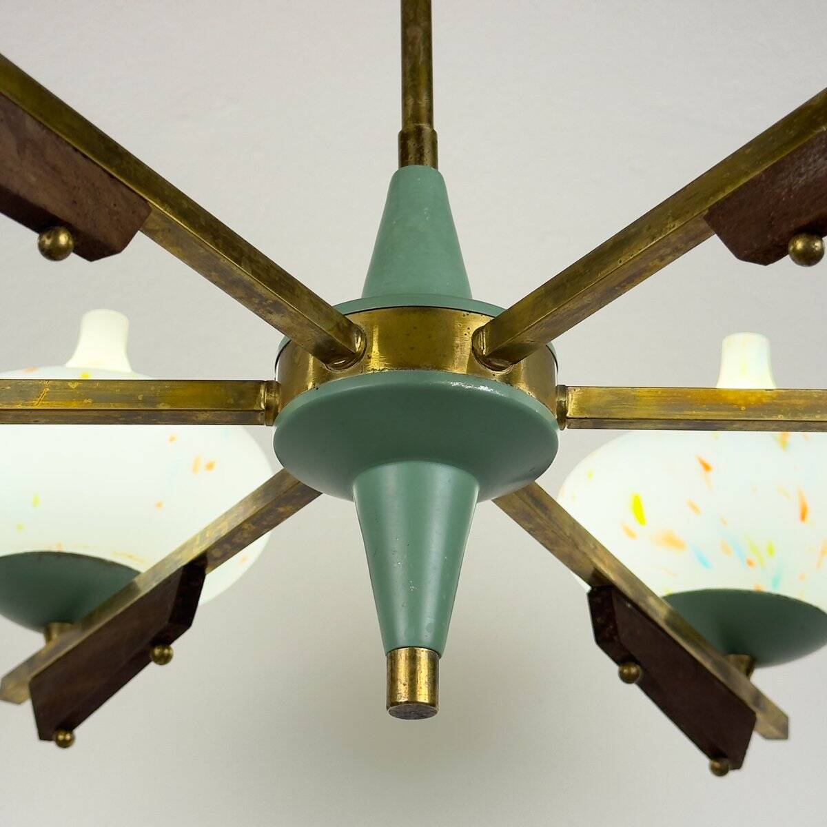 Mid-century chandelier with teak and Murano glass by Stilnovo, Italy, 1950s.