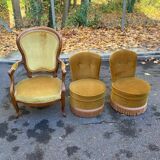 Louis Philippe armchair in oak and mustard yellow velvet from the 19th century