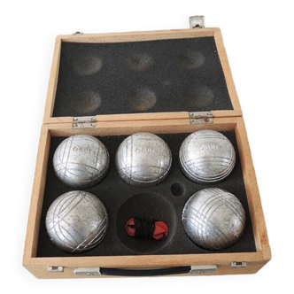 Old box of 5 obut petanque balls in steel