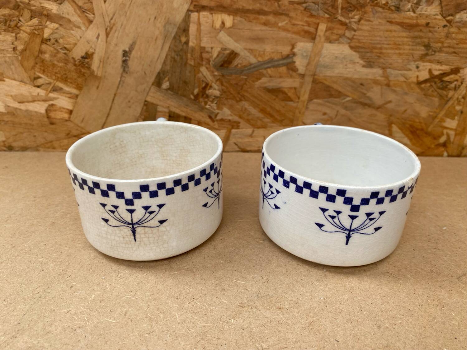 Pair Antique Creil & Montereau Mug Checkerboard Pattern Ceramic France