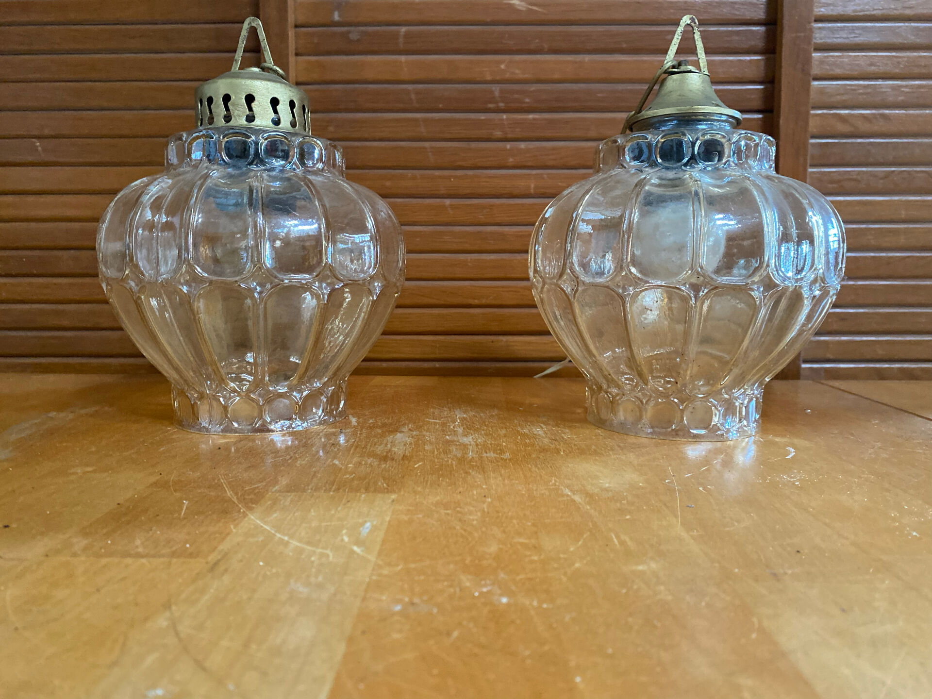 Pair of Vintage Suspension Lights with Iridescent Moulded Glass + Gold Metal