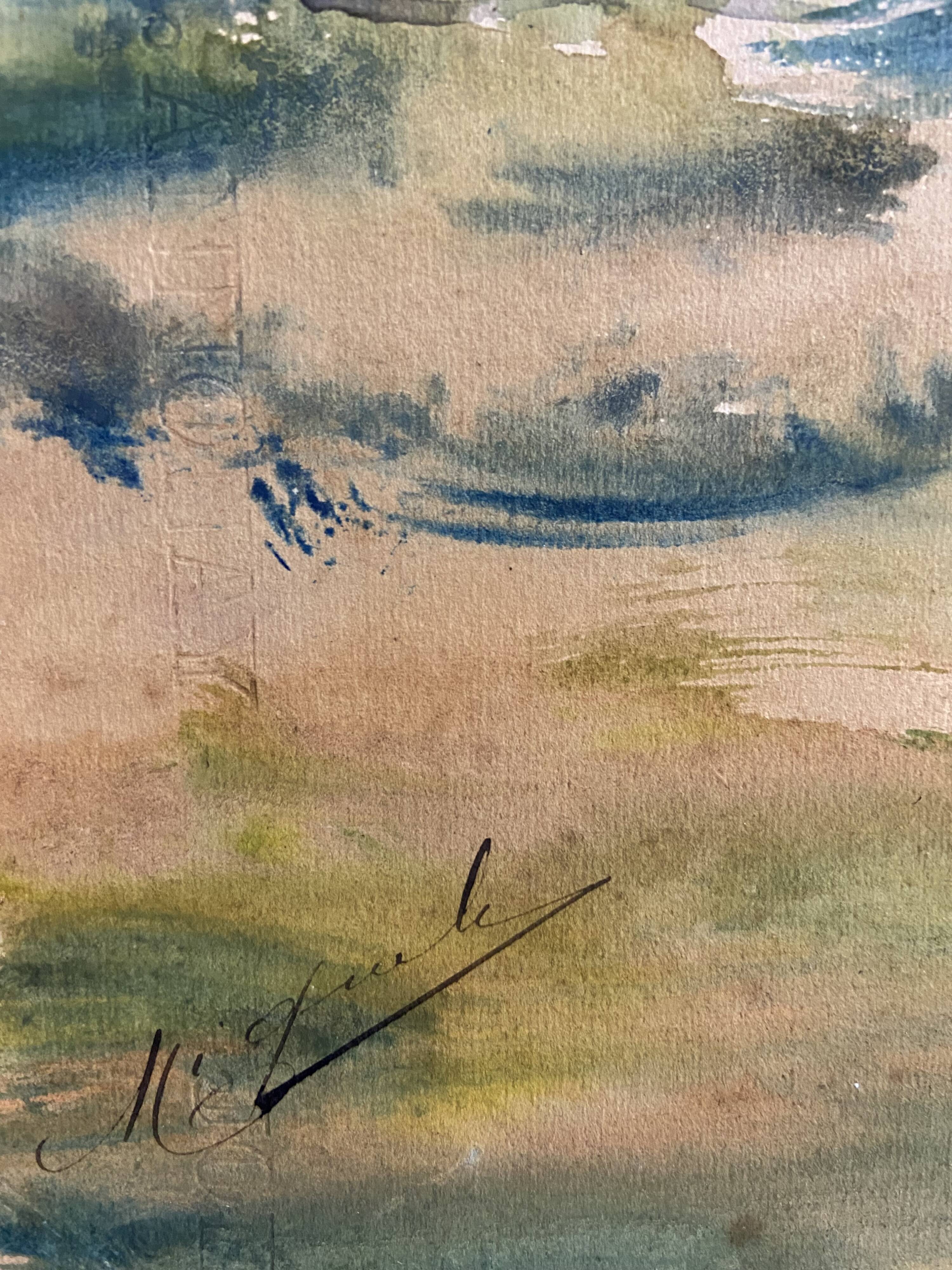 Large watercolor from the early 20th century, signed landscape of a wooded river bank