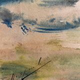 Large watercolor from the early 20th century, signed landscape of a wooded river bank