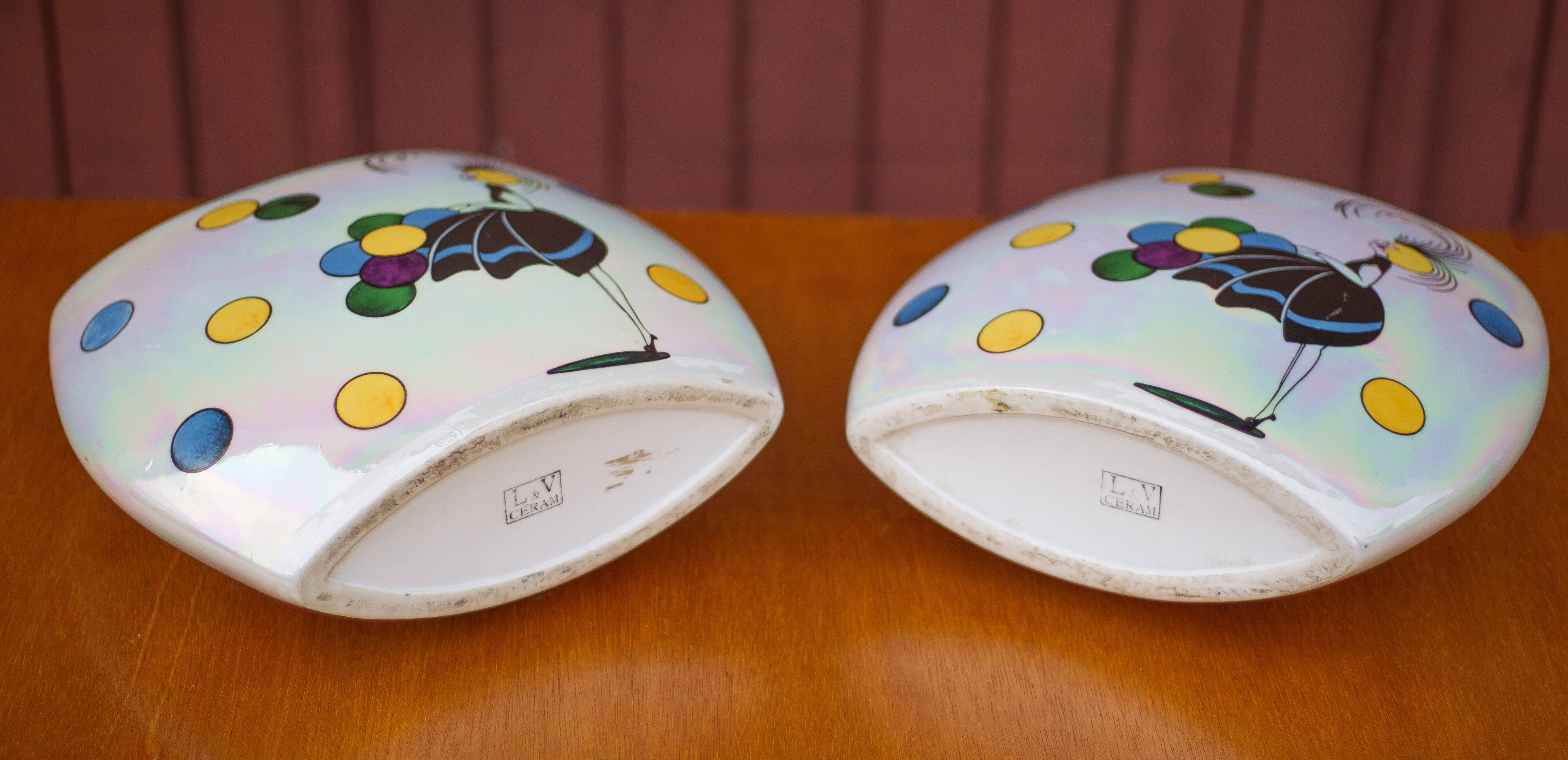 Pair of flat iridescent ceramic vase with girl motif with polychrome balloons, art deco vase, decoration