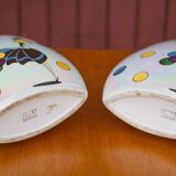 Pair of flat iridescent ceramic vase with girl motif with polychrome balloons, art deco vase, decoration