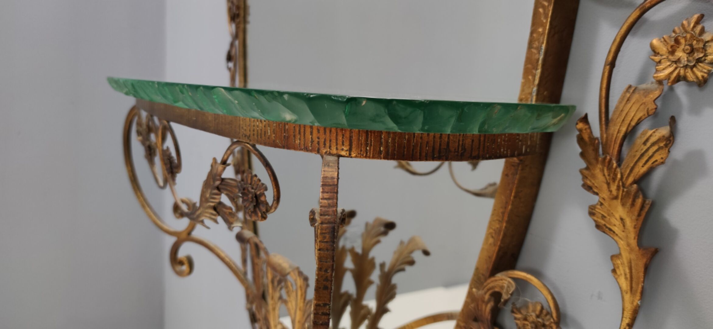 Entryway Mirror and Brass Console Table by Pierluigi Colli with Glass Top