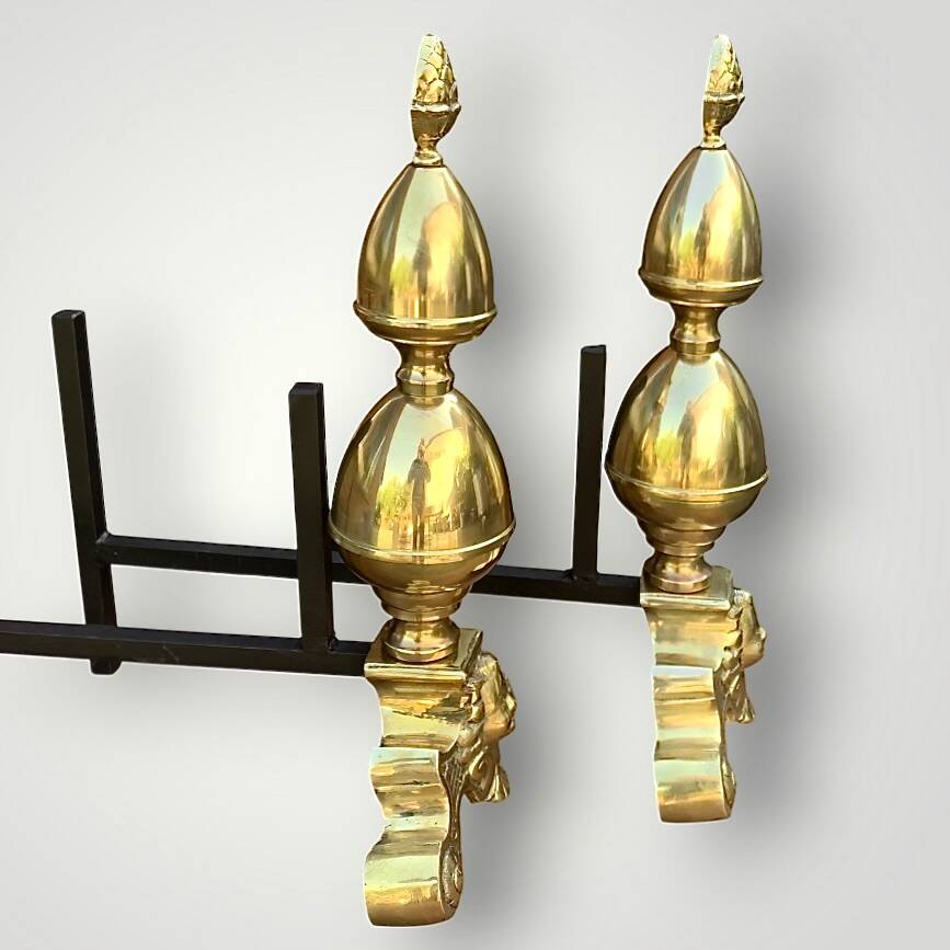 Pair of antique brass and cast iron andirons, Louis XVI style