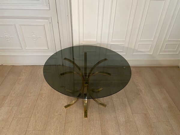 Table basse laiton et verre fumé, 1970s