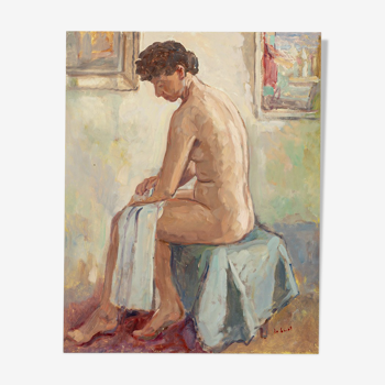 Nu femme, huile sur assiette, 39 x 49 cm