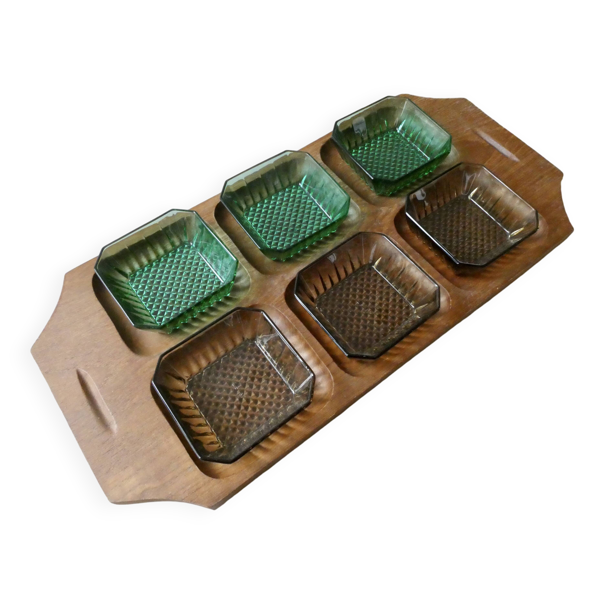 Teak serving tray with 6 glass bowls, 1960s