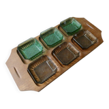 Teak serving tray with 6 glass bowls, 1960s