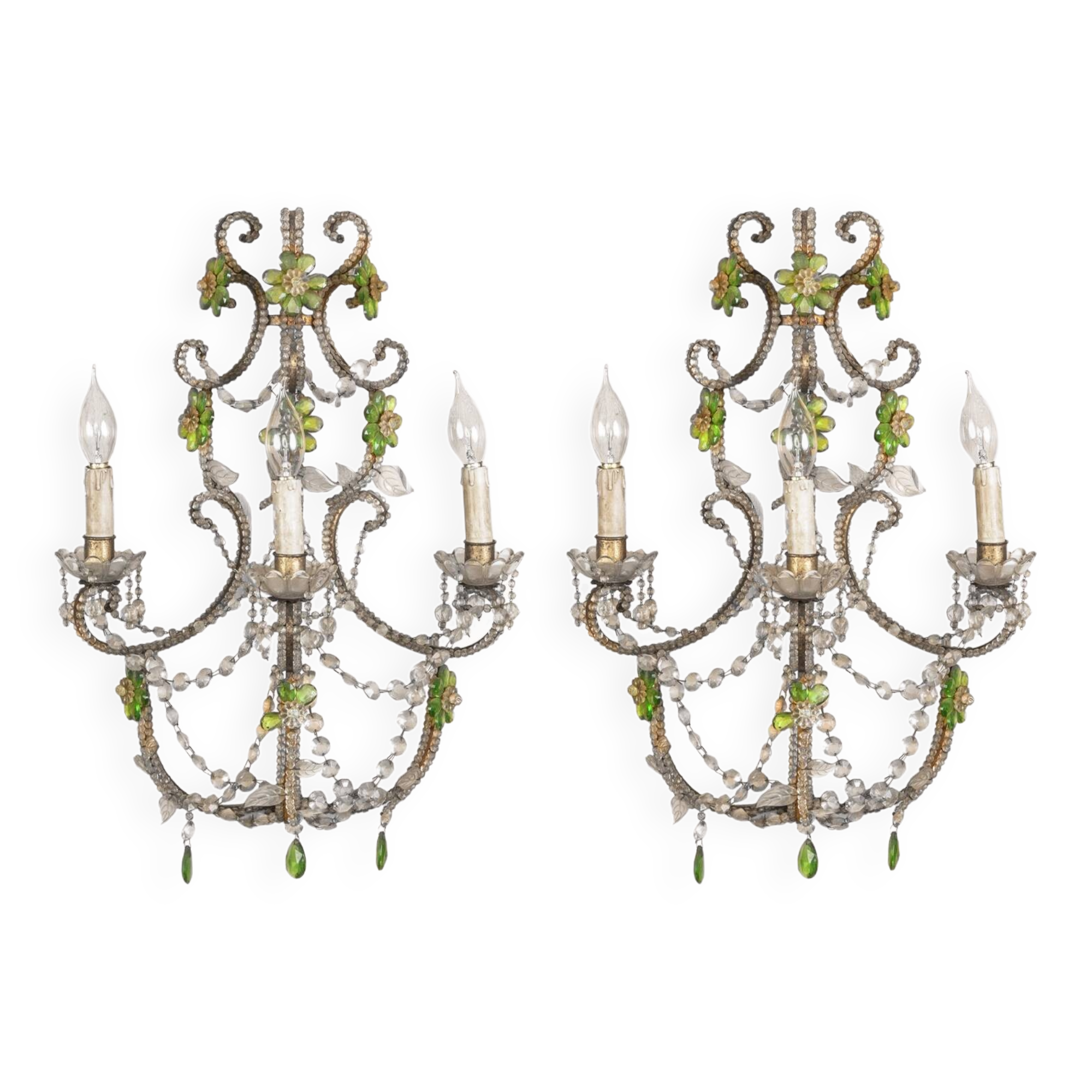 Ensemble de deux appliques ou appliques en cristal italien avec fleurs vertes