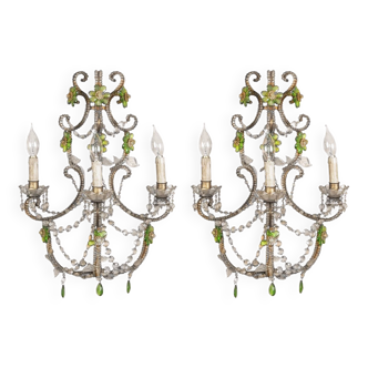 Ensemble de deux appliques ou appliques en cristal italien avec fleurs vertes