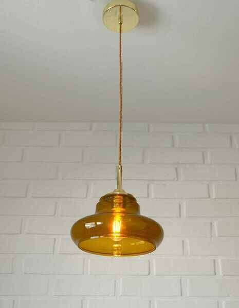 Hand-blown amber glass pendant light: MCM retro bar golden hanging lamp