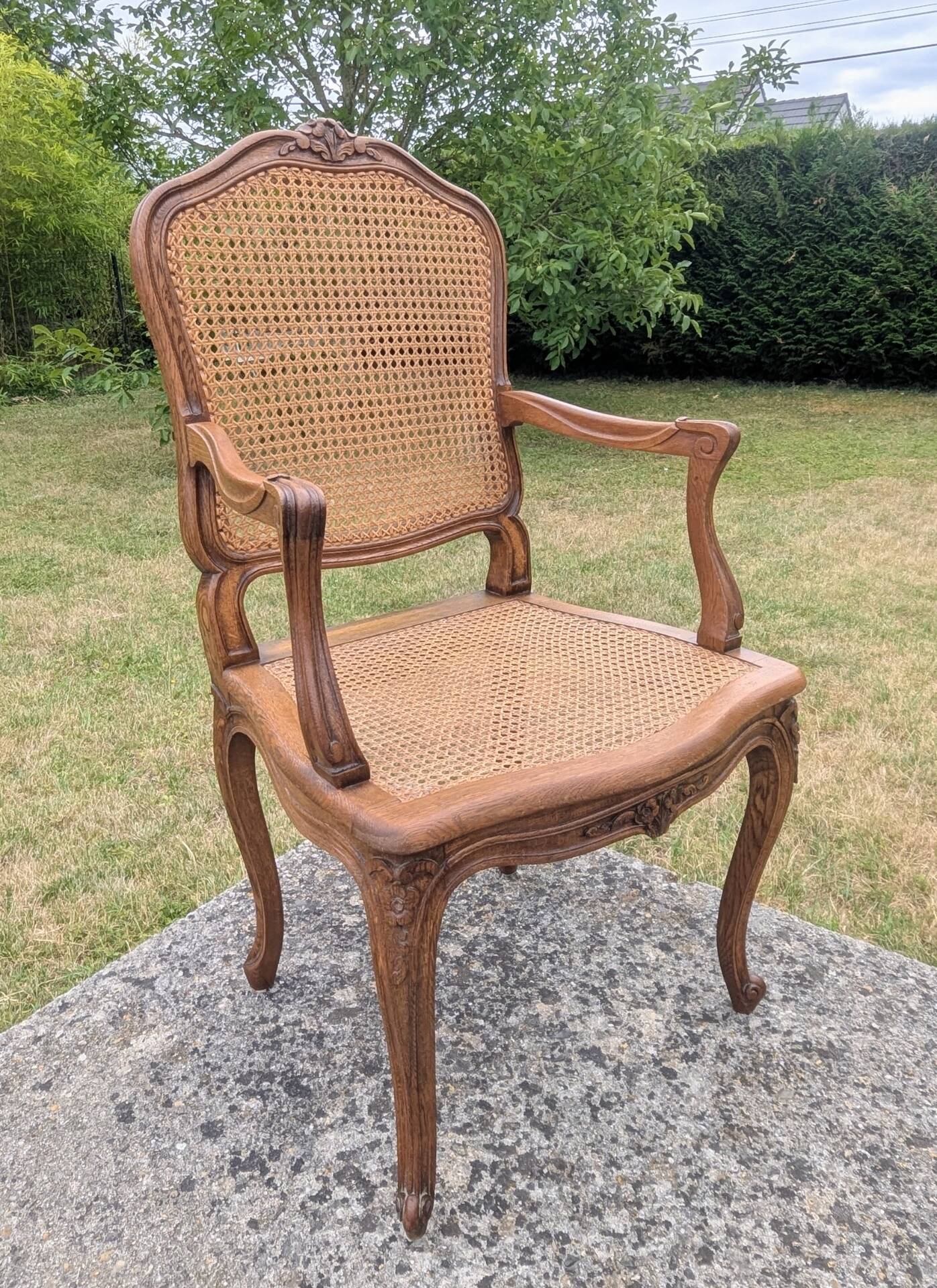 Antique Louis XV Style Armchair 20th Century Oak Caning Office Living Room