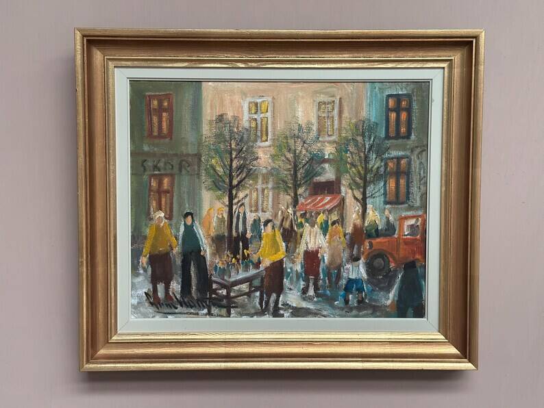 Original Swedish Oil on Canvas – “Market Scene” by Arne Wallsten – Signed