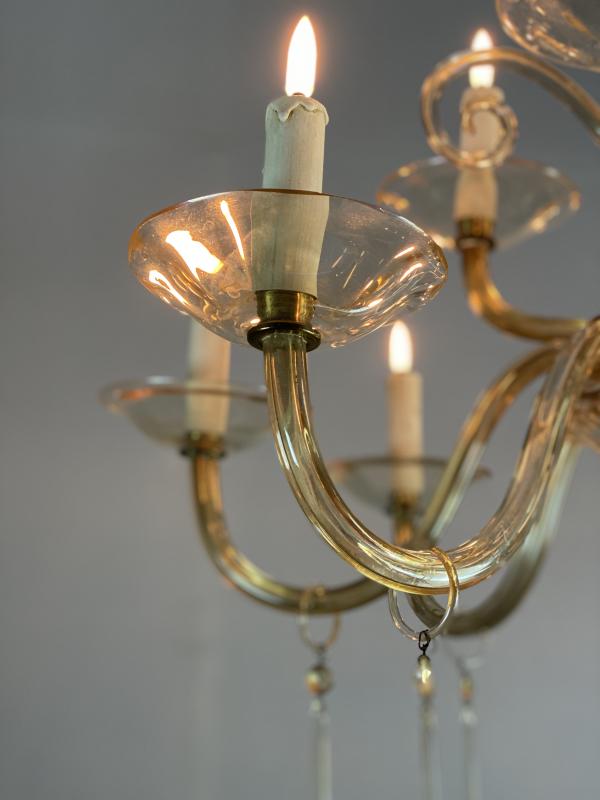 Lustre en verre mordoré deux étages et 12 bras de lumière vers 1940
