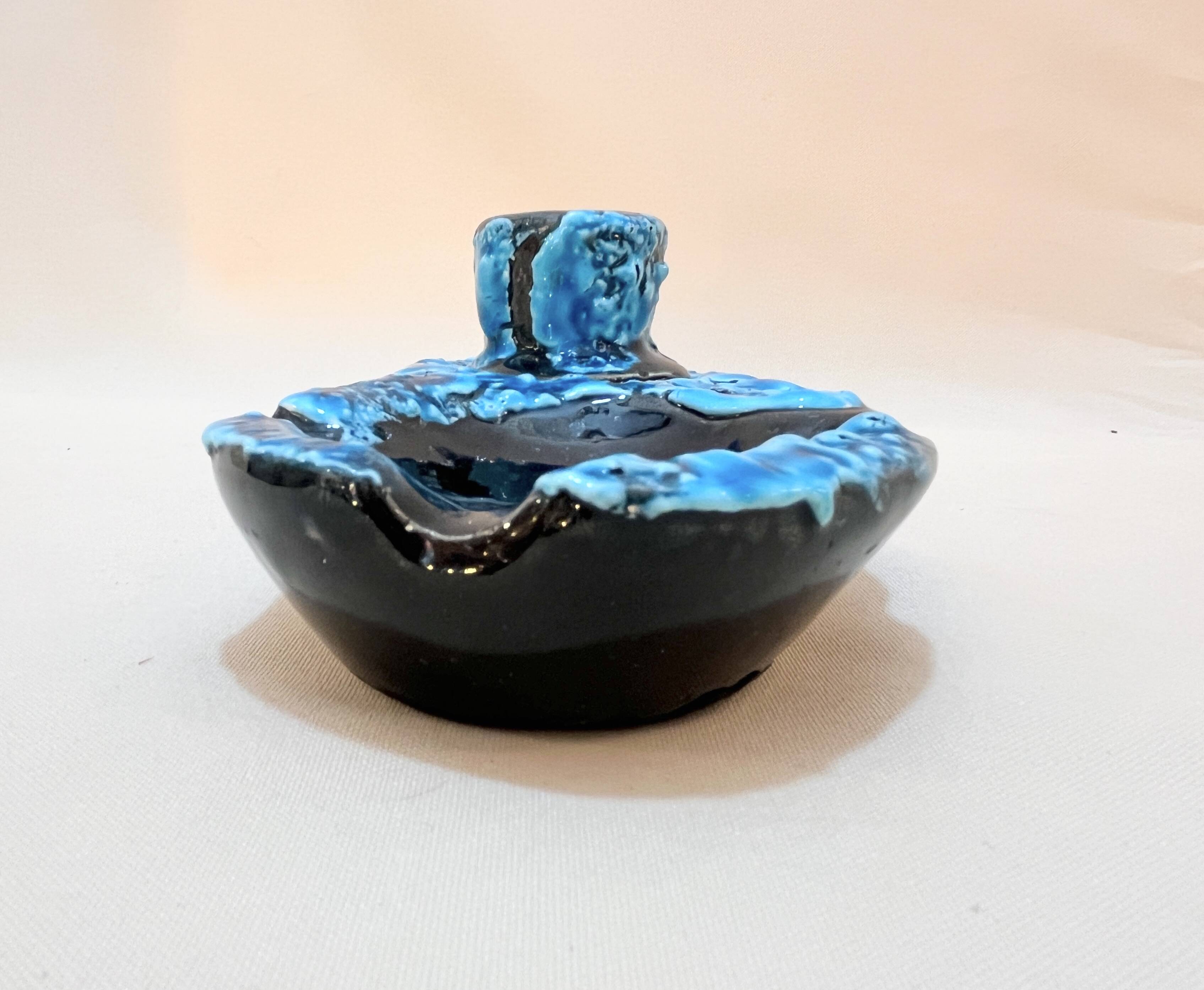 Candle holder ashtray blue fat lava glacier enamels cyclops ceramic pottery Annecy