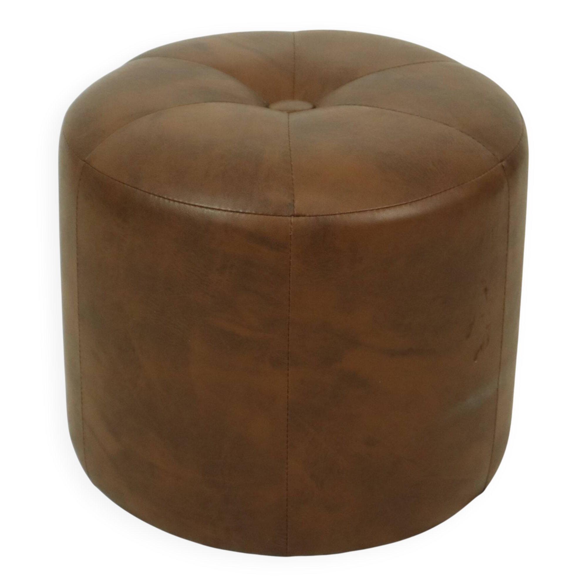 Pouf rond vintage en bois et cuir skaï marron patchwork années 60