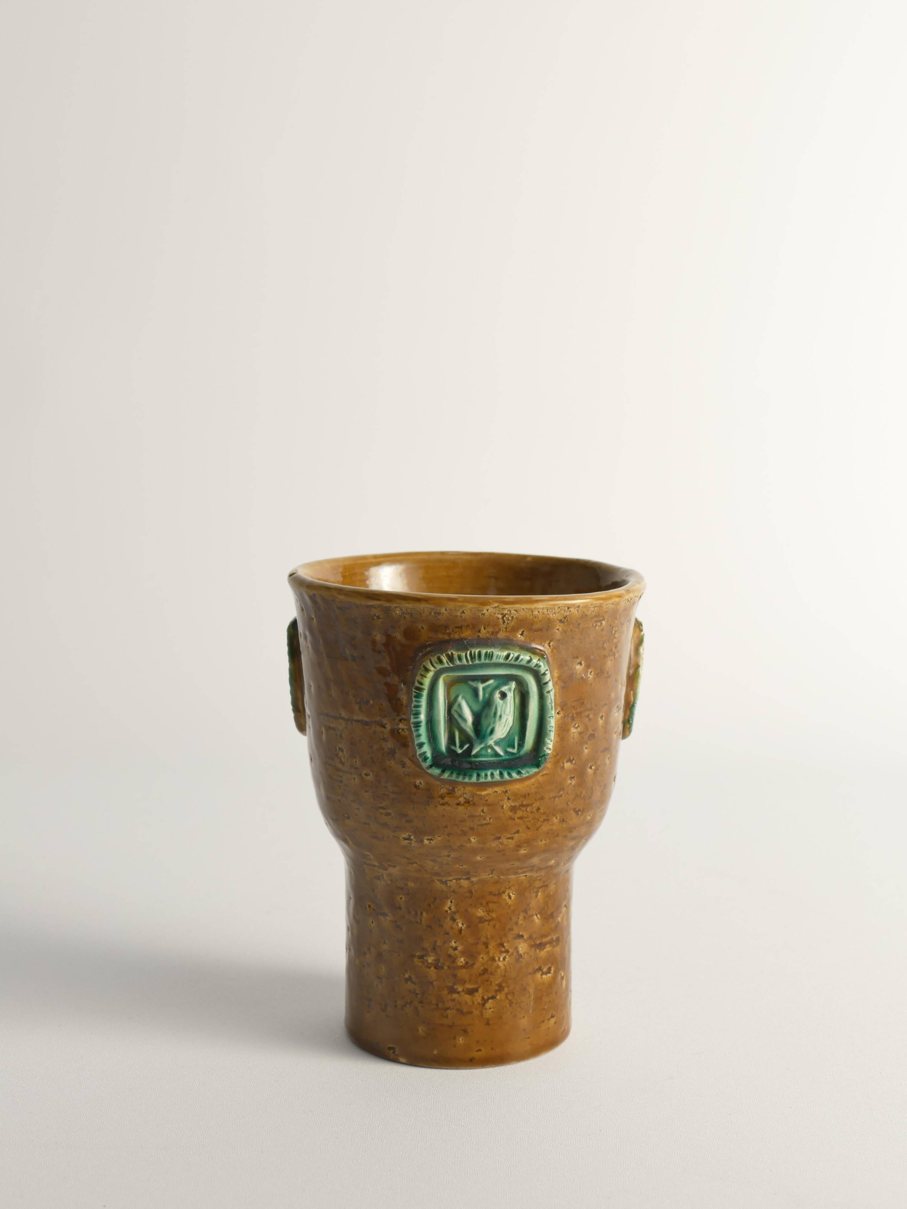 Vase en grès brun moutarde avec des oiseaux vert céladon par Aldo Londi pour Bitossi