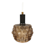 Older hanging lamp with champagne colored outer glass with inner shade of crystal glass.
