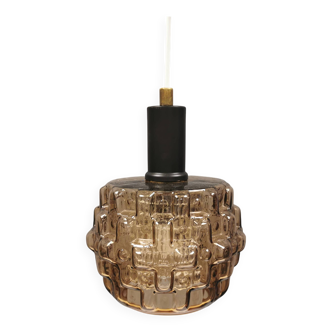 Older hanging lamp with champagne colored outer glass with inner shade of crystal glass.