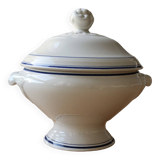 Antique Lonchamp white earthenware soup tureen with blue edging